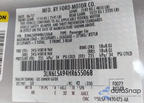 2017 Lincoln Mkz Premiere z USA, uszkodzony, nr VIN 3LN6L5A94HR655068